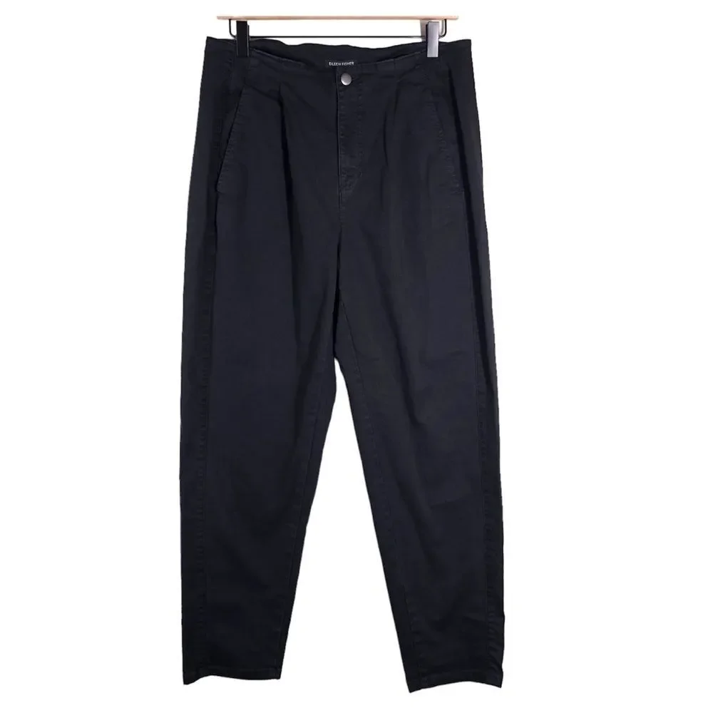 Eileen Fisher Pleated Tapered Jeans Black Denim Organic Cotton Barrel Leg 10